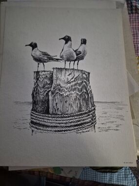 Tony Oswall Seagulls on Pier Post Black & White Art Print by
